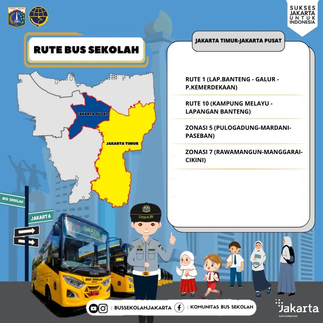 DKIJakarta's tweet photo. Yuk, cek infografis berikut untuk tahu rute bus sekolah di wilayahmu.
Ayo naik bus sekolah, aman, nyaman dan gratis. Sekaligus, bantu kurangi polusi udara di Jakarta!
#dkijakarta #suksesjakartauntukindonesia #jagajakarta #bussekolah #busgratis #pelajar #pendidikan https://t.co/XRwH0ywBbH