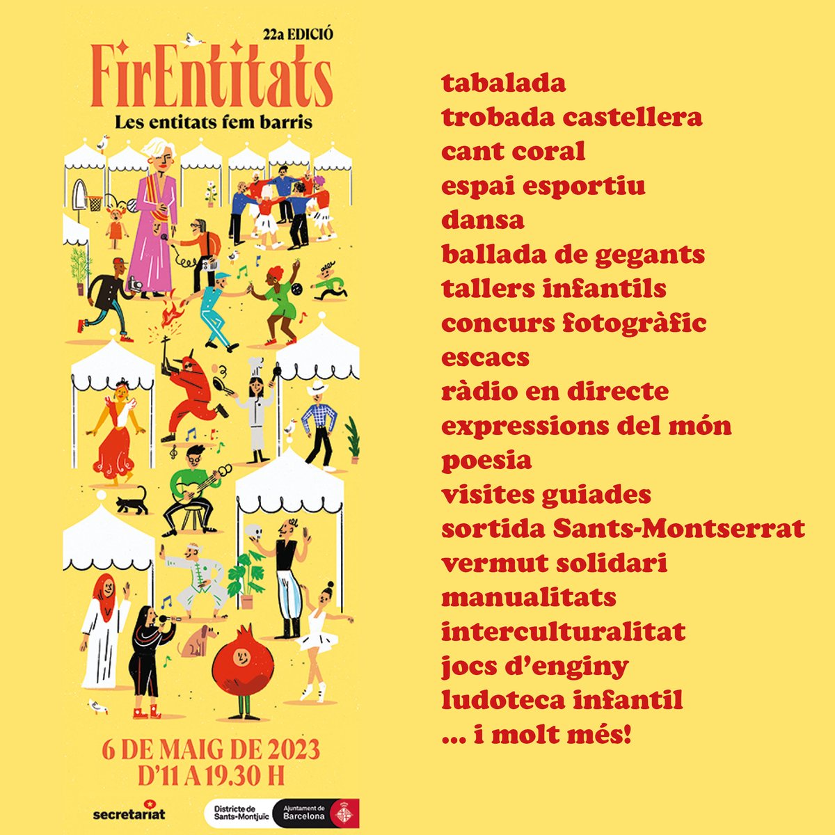 🔥Més de 120 entitats i 50 activitats seran les grans protagonistes de #Firentitats!
🤸Aquest dissabte 6 de maig, us convidem a viure en primera persona la mostra associativa de #Sants #Hostafrancs i #laBordeta, descobriu #laforçadelesentitats!
✅Més info bit.ly/firentitats23