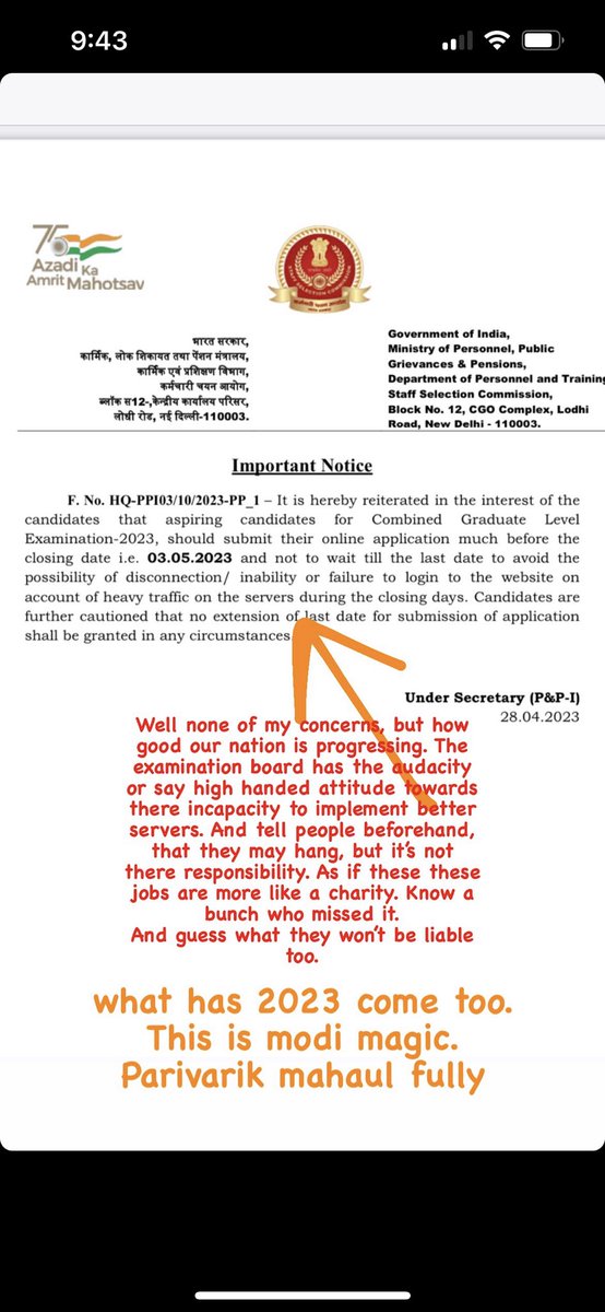 TheSanidhya's tweet photo. @SSCorg_in @narendramodi @AmitShah @nitin_gadkari @MIB_India #SSC #CGL releases a circular mentioning that there inability to manage servers which is one of the easiest task now, would not be there responsibility. @ravishndtv 
What kind of #azadi is this? https://t.co/NDHAsue2H2