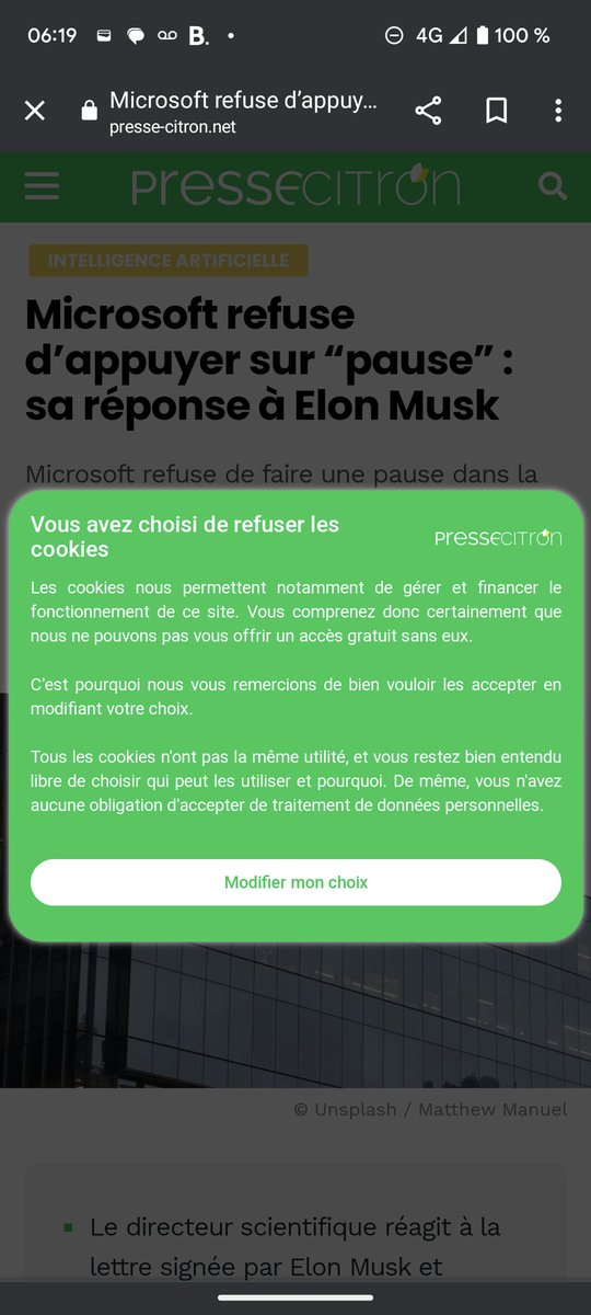 .<a href="/pressecitron/">Presse-citron</a> je lis "Tous les cookies n'ont pas la même utilité, et vous restez bien entendu libre de choisir qui peut les utiliser et pourquoi. De même, vous n'avez aucune obligation d'accepter de traitement de données personnelles."

Faux, pas le choix : c'est tout ou rien.