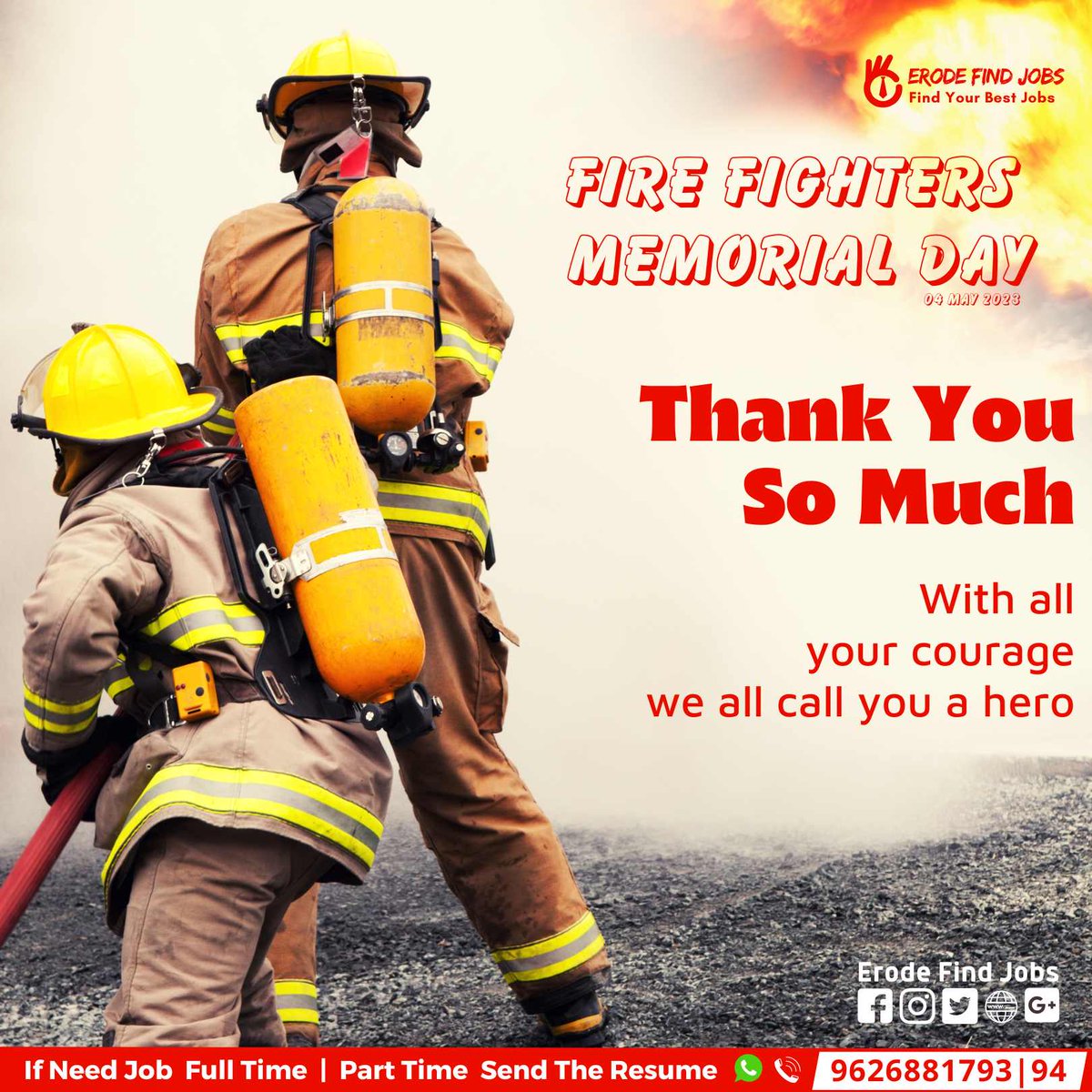 Erodefindjobs's tweet photo. Fire Fighters Memorial Day..!
Thank You So Much
With all your courage
we all call you a hero..
.
.
.
.
#fireday #firefighter #firefighterday #indianfire #indianfirefighter #indianfireservice #fire #firefightersmemorial #memorial
#findjobs #erodefindjobs #jobhiring https://t.co/VKQttRTdzd