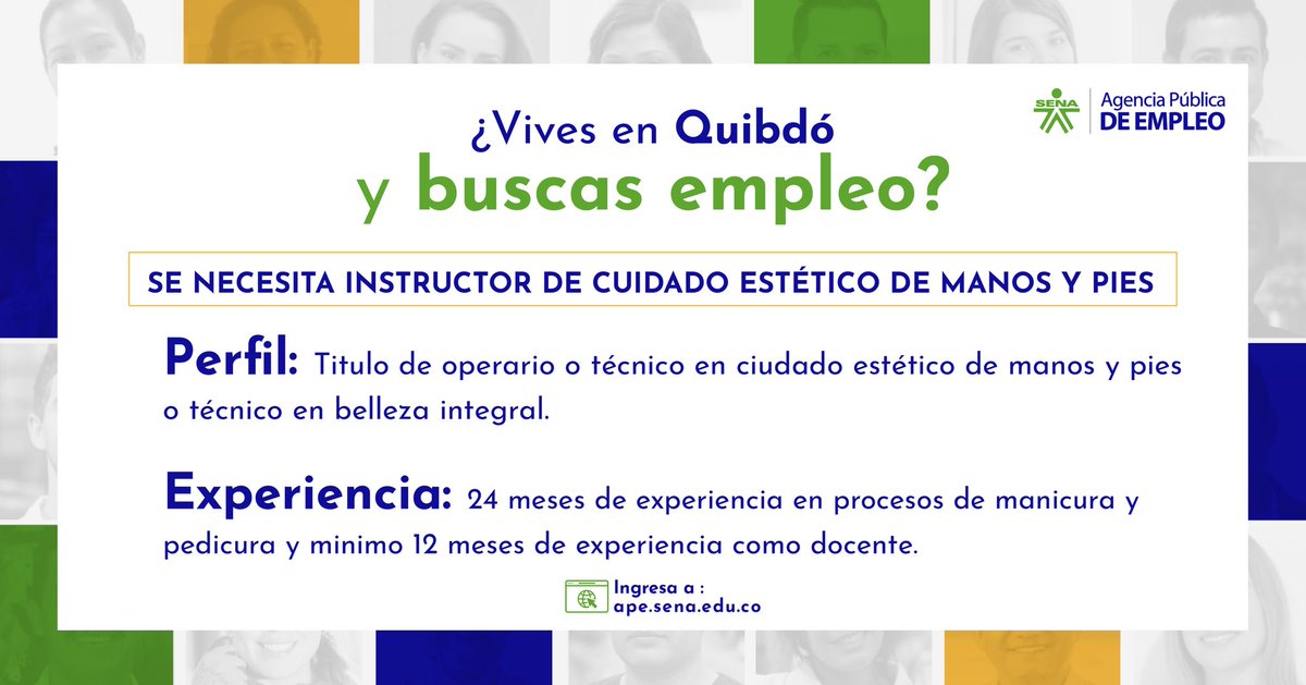 SENAenChoco's tweet photo. 🚨 El SENA Regional Chocó está en la búsqueda de instructores en el área de cocina y belleza, si cumple con alguno de estos perfiles, postúlate a través de nuestra página web 👩🏽‍💻 https://t.co/YoMqL6g5wp 👩🏽‍🍳💁🏽‍♀️💅🏽

#SENAEsEmpleo https://t.co/kKEPD5wkOr