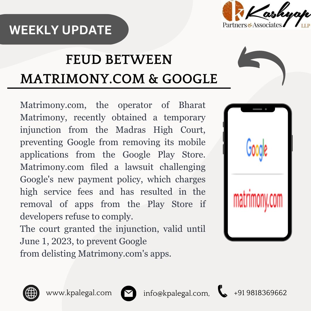 KashyapPartners's tweet photo. "Bharat Matrimony got the Madras High Court on their side! 🤩 #Matrimony.com is here to stay on Play Store!" #bharatmatrimony #madrashighcourt #google #news #matrimony #weeklyupdate #paymentpolicy #googlepayment https://t.co/cEVKm29wkX