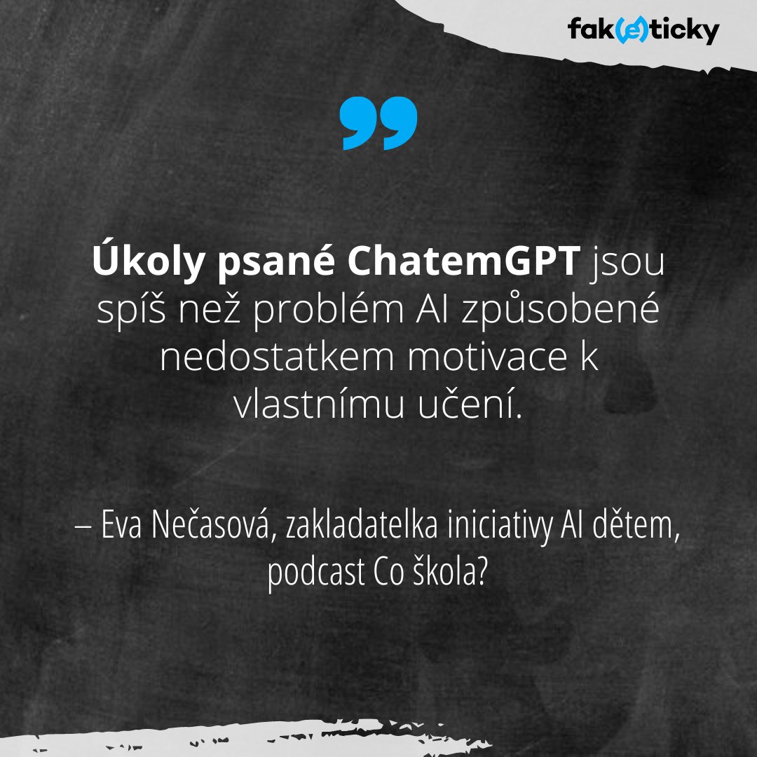 faketicky's tweet photo. 🎧 Co se slohovkami psanými ChatemGPT? A hlavně - nahradí umělá inteligence i učitele? 

S @evanecasovacz, zakladatelkou iniciativy @ai_detem, jsme v podcastu Co škola? probrali tipy na materiály, nástroje a aktivity na zapojení AI do školství.

https://t.co/wbELtyY4cw https://t.co/qDVKQnf0bE