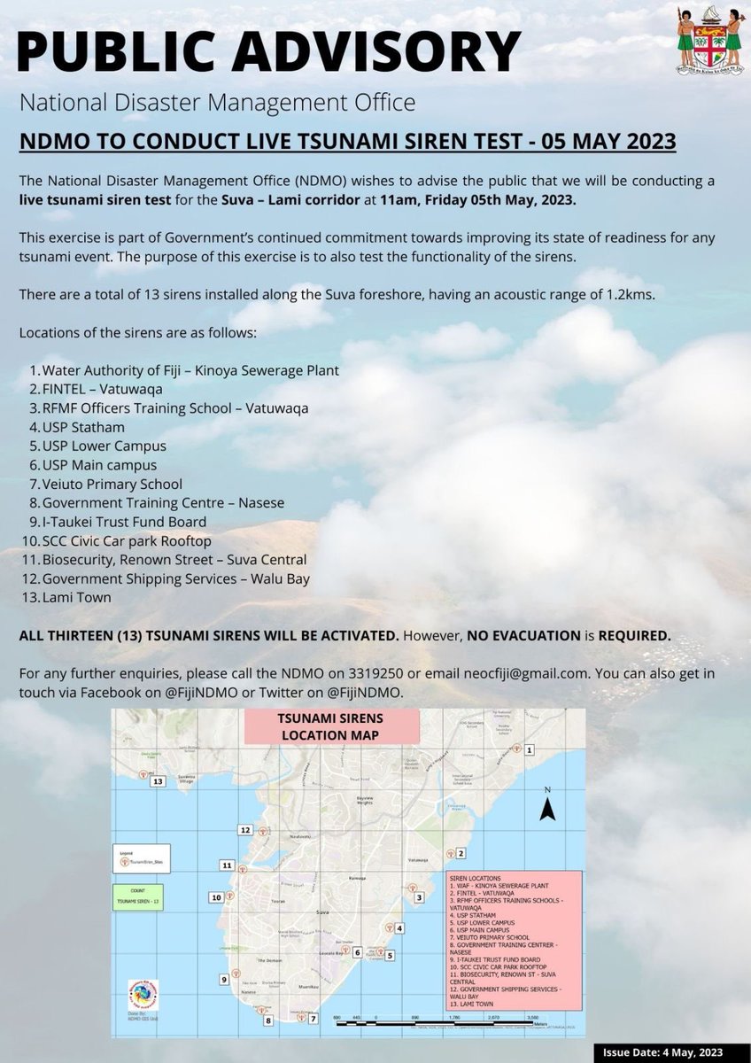 📢PUBLIC ADVISORY📌

🚨The Fiji NDMO will be conducting a live tsunami siren test for the Suva - Lami corridor at 11am TOMORROW - Friday 05th May, 2023.

📢NO EVACUATION IS REQUIRED‼️

⭕️READ MORE ⬇️