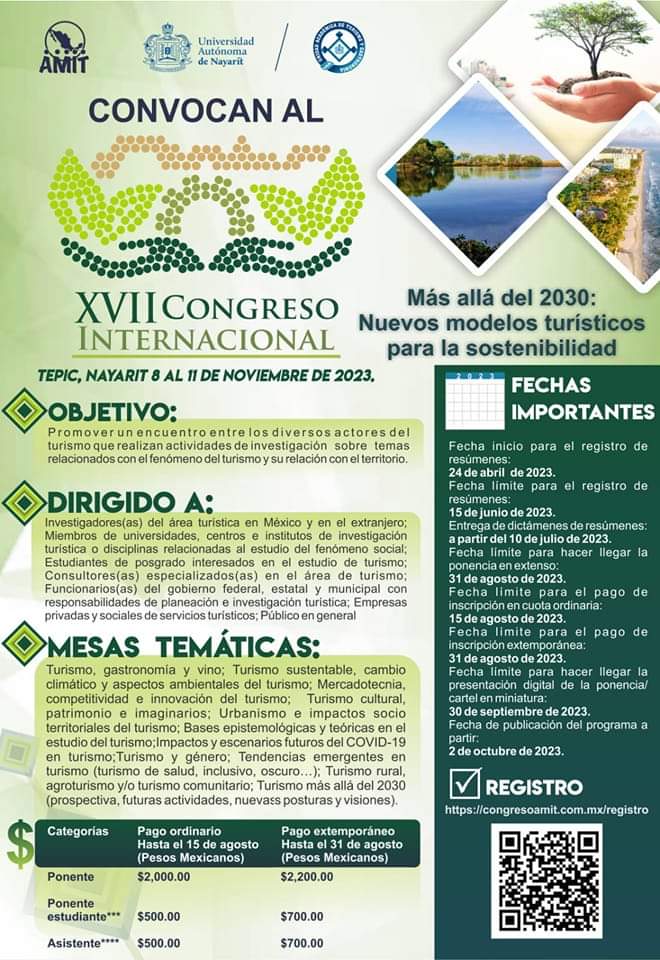 KarlaSBarron's tweet photo. Convocatoria del XVII Congreso Internacional de la @AMITURISMO_ORG a celebrarse en la @UAN_Oficial del 8 al 11 de noviembre de 2023 en Tepic, Nayarit. 
#investigación #turismo #Congreso https://t.co/oxy0K4CPfI