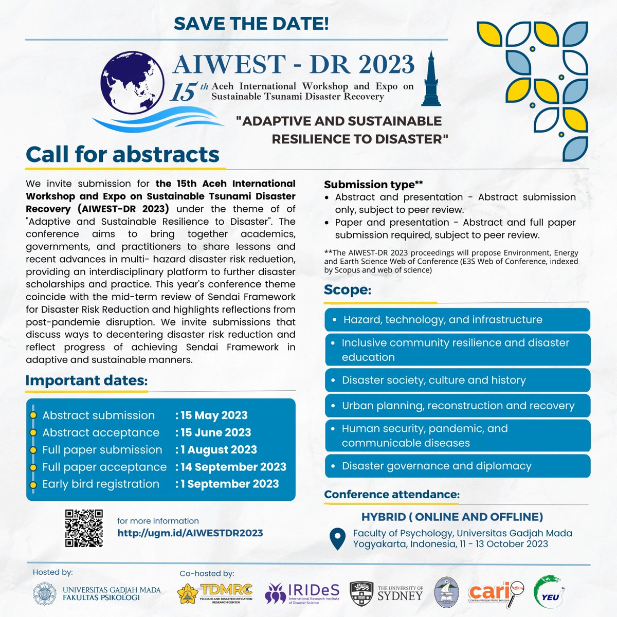Mark your calendar!
AIWEST - DR 2023 conference will be coming soon to UGM University, Yogyakarta, Indonesia (11-13 October 2023).

*** For further information will be available ASAP ***