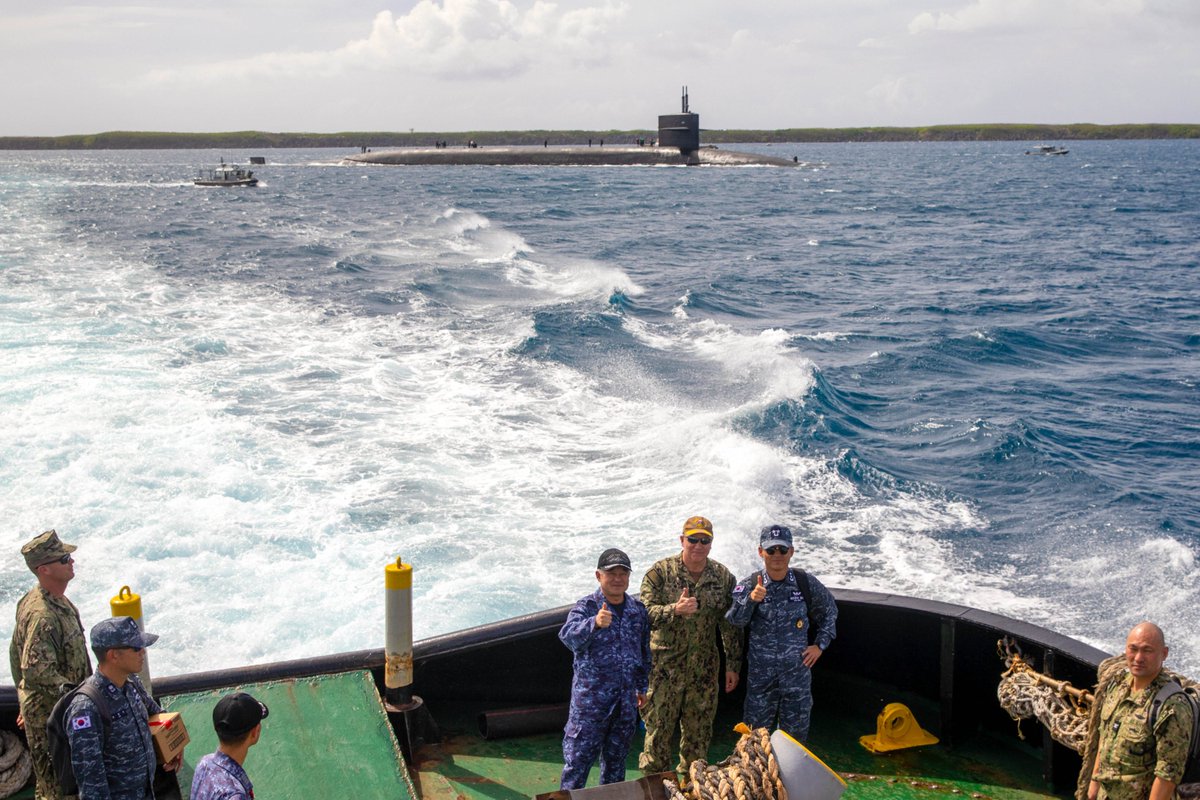 ryankakiuchan's tweet photo. US Rear Adm. Rick Seif joined by Japan Vice Adm. Tateki Tawara and South Korea Rear Adm. Su Youl Lee on USS Maine (SSBN-741) operating off Guam, April 18, first trilateral embark onboard ballistic missile submarine involving senior submarine fleet commanders of the three nations. https://t.co/pQ0ltHf4qs