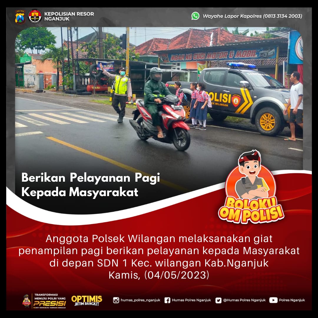 PolsekWilangan9's tweet photo. Anggota polsek wilangan melaksanakan giat penampilan pagi membantu penyeberangan kepada masy dan siswa di depan SDN 1 Wilangan,Kamis 04/05/2023
#polisi
#polresnganjuk 
#kapolresnganjuk 
#muhammadchaniago2003
#polisinganjuk
#semangatmelayani 
#bolokuompolisi 
#polisinganjuk
#wayah https://t.co/nthAvyRUDf