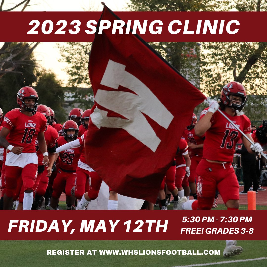 WHSLionFootball's tweet photo. Calling all 3rd-8th Graders 🗣️

Free youth clinic Friday, May 12th‼️Free speed training, position drills, and laser-timed 40 yard dash by WHS Football coaches and players ‼️

Register today ‼️https://t.co/ujeFE8dIaE ‼️ https://t.co/u6e6TZxNNl
