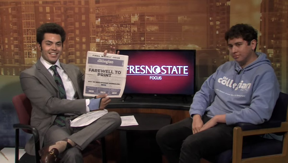 cameronbutlertv's tweet photo. Had fun anchoring today on @FSFocusTV and enjoyed talking to Manny of the @TheCollegian about what to expect with their end of print and their switch to digital. https://t.co/q07Buh9dWq