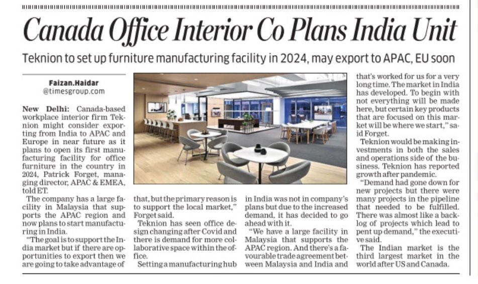 FaiHaider's tweet image. #Teknion has seen #office design changing after #Covid and there is demand for more collaborative space within the office. Setting a #manufacturing hub in India was not in company’s plans but due to the increased demand, it has decided to go ahead with it

m.economictimes.com/industry/servi…