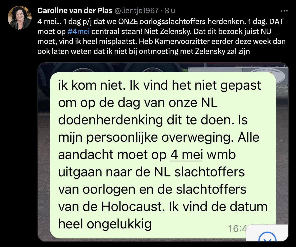 Hoe een veevoeder- en agromaffia-lobyiste, in haar blinde extreem-populisme van verdeeldheid zaaien, doordraait. Hopelijk gaat ze de vrijgekomen tijd gebruiken om de omgekeerde vlaggen goed te hangen. Ter herdenking van HAAR oorlogsslachtoffers. #4mei #Zelensky