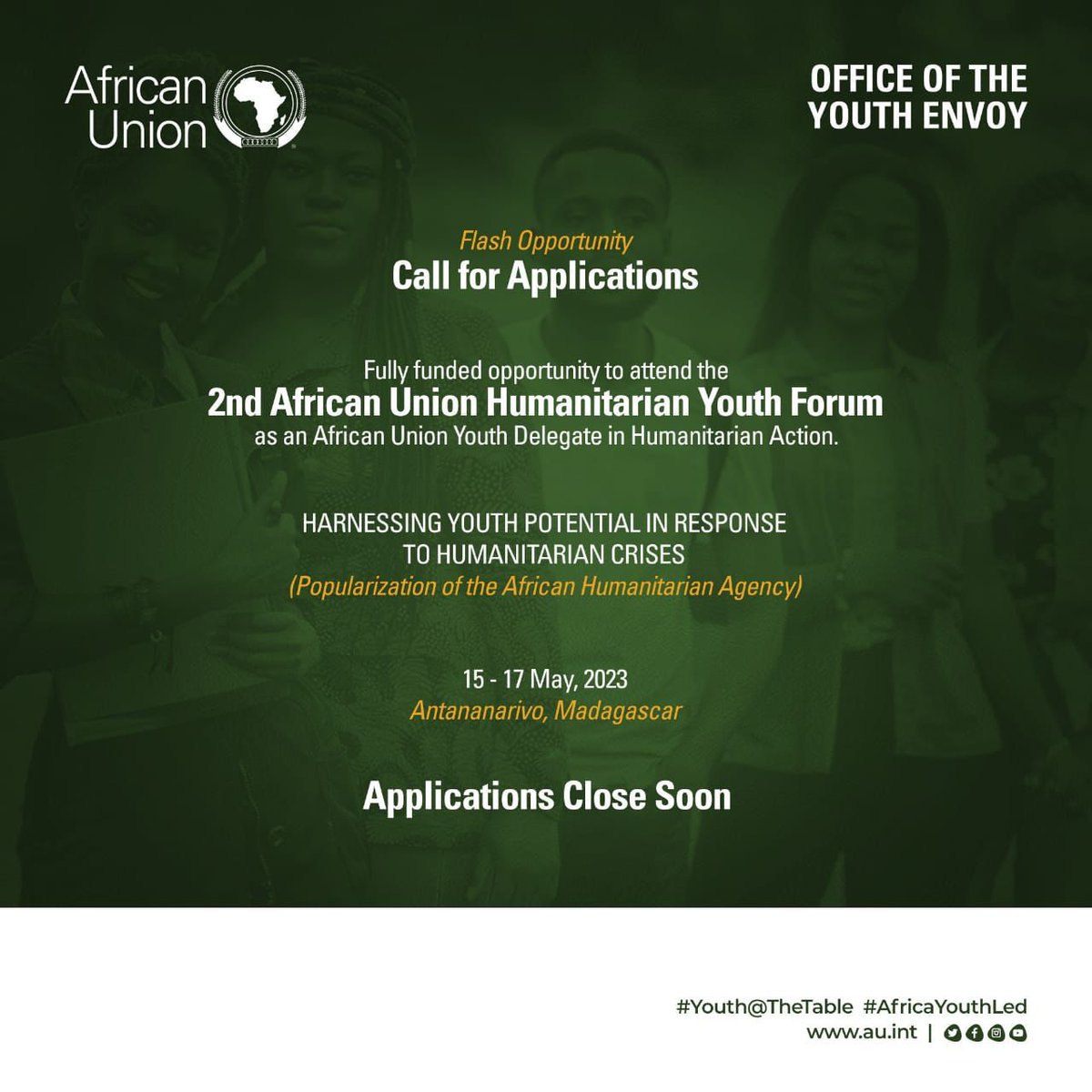 Call for opportunity. 

Great opportunity here for young people. Harnessing Youth Potential in Response To Humanitarian Crisis #AfricaYouthled #YouthatTheTable

Registration link 🔗👇
rb.gy/o0k36