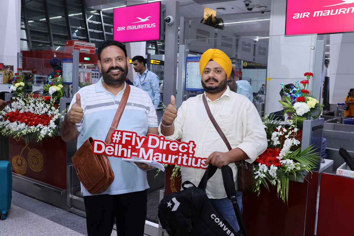 'Excitement is in the air as the first passengers check-in this morning for the inaugural flight MK745 from Delhi to Mauritius at Indira Gandhi International Airport. The festive ambience is palpable, and our enthusiastic operating crew can't wait to take off! #airmauritius