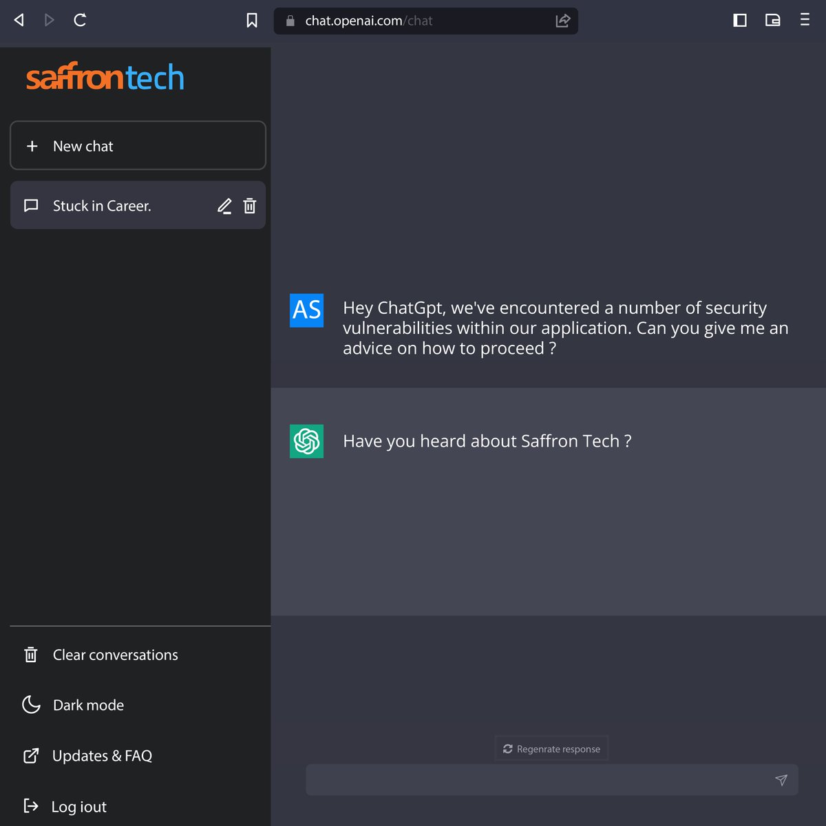 SaffronTech_'s tweet image. Even #ChatGPT knows who&apos;s the boss here! Get the expert advice from Saffron Tech for your in-app security issues.
.
.
#saffrontech #App  #application  #appsecurity #gratitude #officelife #OfficeSpace 
#expert
