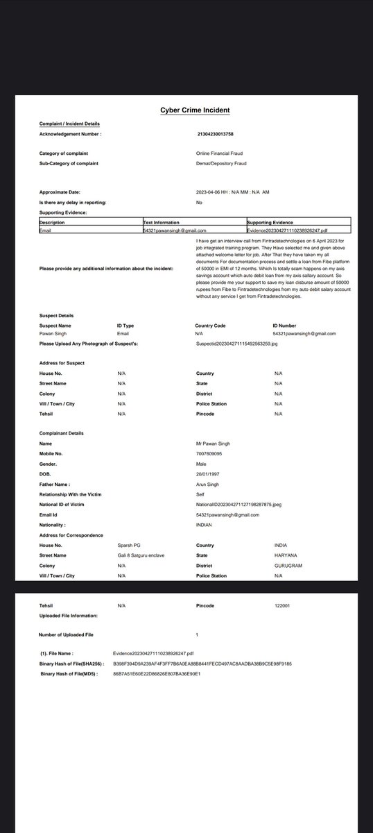 PawanSi92113024's tweet image. @Cybercellindia @CIBIL_Official   @AxisBankSupport
From my account loan has been disbursed on 6'April2023 from @FibeIndia  app in #techfin account for job  but i didn't get any services or unable to contact from them #SCAM 

Pawan Singh
RegNo. 8114260305
pawansingh20150@gmail.com