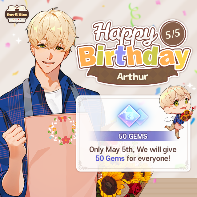 storytacogame's tweet photo. 🎂[Devil Kiss] Happy Birthday, Arthur! 

In celebration of Arthur’s birthday on 5/5, 
we will reward 💎50 gems💎 to all users 
who check- in to Devil Kiss on his birthday!
Let’s wish Arthur a happy birthday guys! 🥳

📌Link: https://t.co/6JxHLOlEvh
#devilkiss #storytaco https://t.co/tQuD51HgyB
