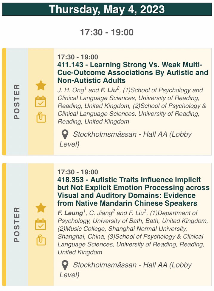 Today @AutismINSAR, @jiahoongong and @FlorenceYNLeung will present their #EUfunded research on cue-outcome associations (poster 411.143) and emotion processing (poster 418.353) in #Autism. Come and check out! @ERC_Research #INSAR2023