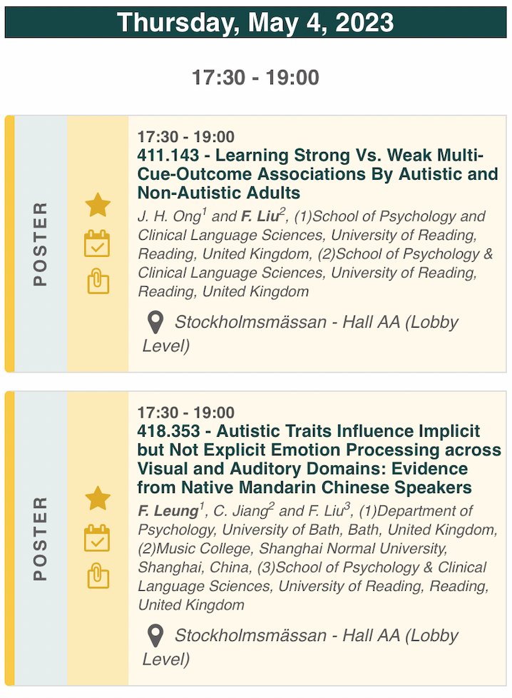 Fang Liu (@caasdproject) on Twitter photo Today <a href="/AutismINSAR/">International Society for Autism Research, INSAR</a>, <a href="/jiahoongong/">Jia Hoong (Joey) Ong</a> and <a href="/FlorenceYNLeung/">Florence Leung</a> will present their #EUfunded research on cue-outcome associations (poster 411.143) and emotion processing (poster 418.353) in #Autism. Come and check out! <a href="/ERC_Research/">European Research Council (ERC)</a> #INSAR2023 Today <a href="/AutismINSAR/">International Society for Autism Research, INSAR</a>, <a href="/jiahoongong/">Jia Hoong (Joey) Ong</a> and <a href="/FlorenceYNLeung/">Florence Leung</a> will present their #EUfunded research on cue-outcome associations (poster 411.143) and emotion processing (poster 418.353) in #Autism. Come and check out! <a href="/ERC_Research/">European Research Council (ERC)</a> #INSAR2023