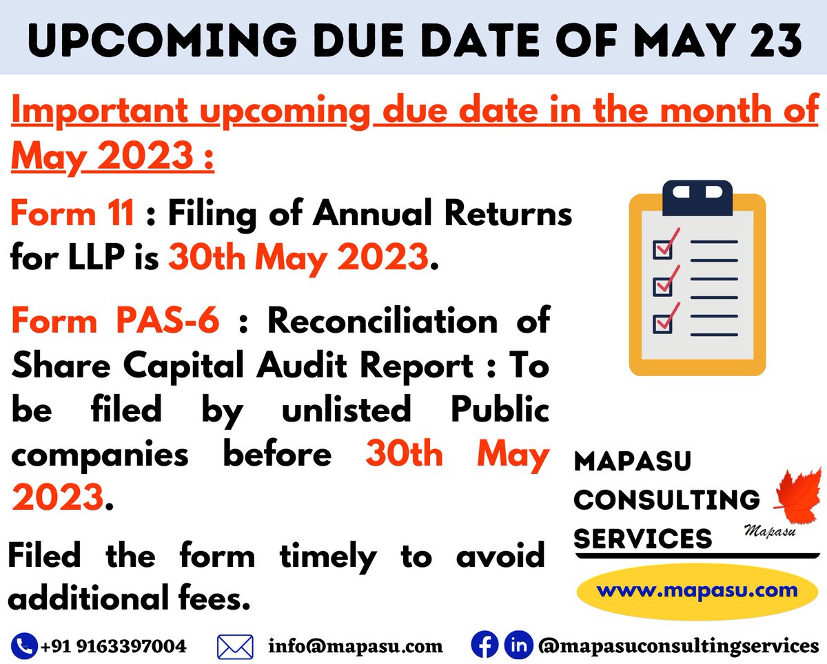 Mapasucs's tweet image. Important upcoming due dates for ROC in the month of May 23
#roc #mca #form11 #pas6 #reconciliation #audit #report #annual #returns