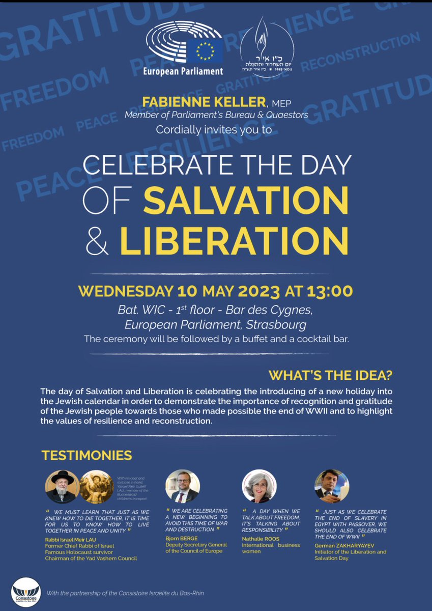 DayofSalvation4's tweet photo. Célébration Mercredi 10 mai à 13h au @Europarl_FR à Strasbourg du « Day Salavation &amp; Liberation » dans le calendrier juif. 
Merci à @fabienne_keller pour ce parrainage et invitation. https://t.co/6vGhhbxTgf