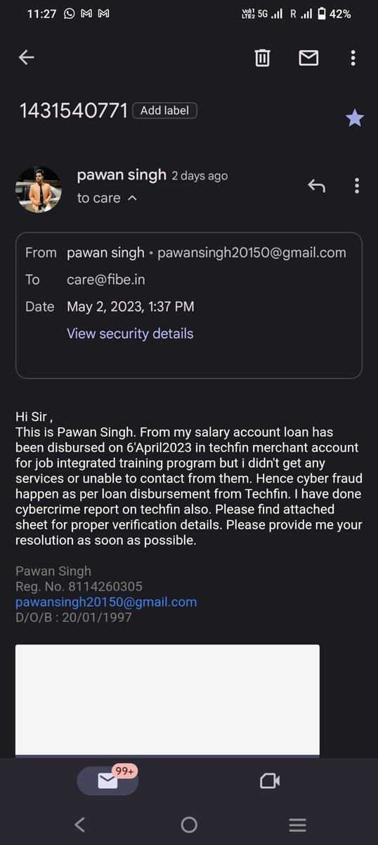 PawanSi92113024's tweet image. @Cybercellindia @CIBIL_Official   @AxisBankSupport
From my account loan has been disbursed on 6'April2023 from @FibeIndia  app in #techfin account for job  but i didn't get any services or unable to contact from them #SCAM 

Pawan Singh
RegNo. 8114260305
pawansingh20150@gmail.com