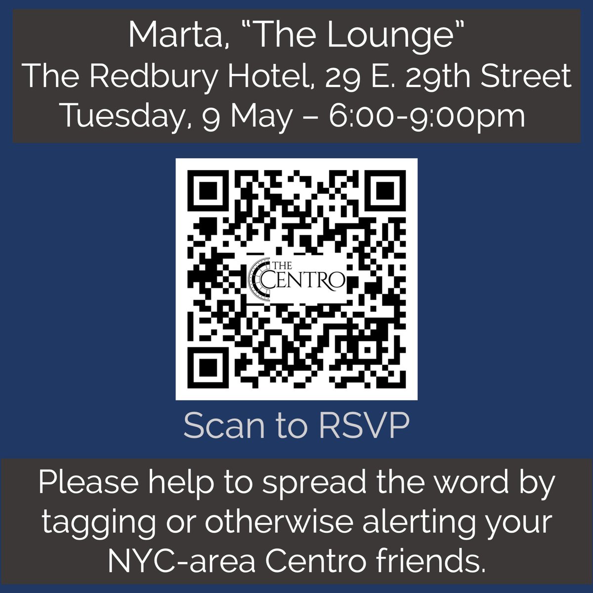 Last call for the NYC meet-up of Centro friends and alumni <a href="/martamanhattan/">Marta Manhattan</a> on Tuesday, May 9. Space is limited, so be sure to RSVP today. Artisanal Roman cuisine, good drink, trips down memory lane, and even some swag! Questions: cathy_buchanan@sbcglobal.net