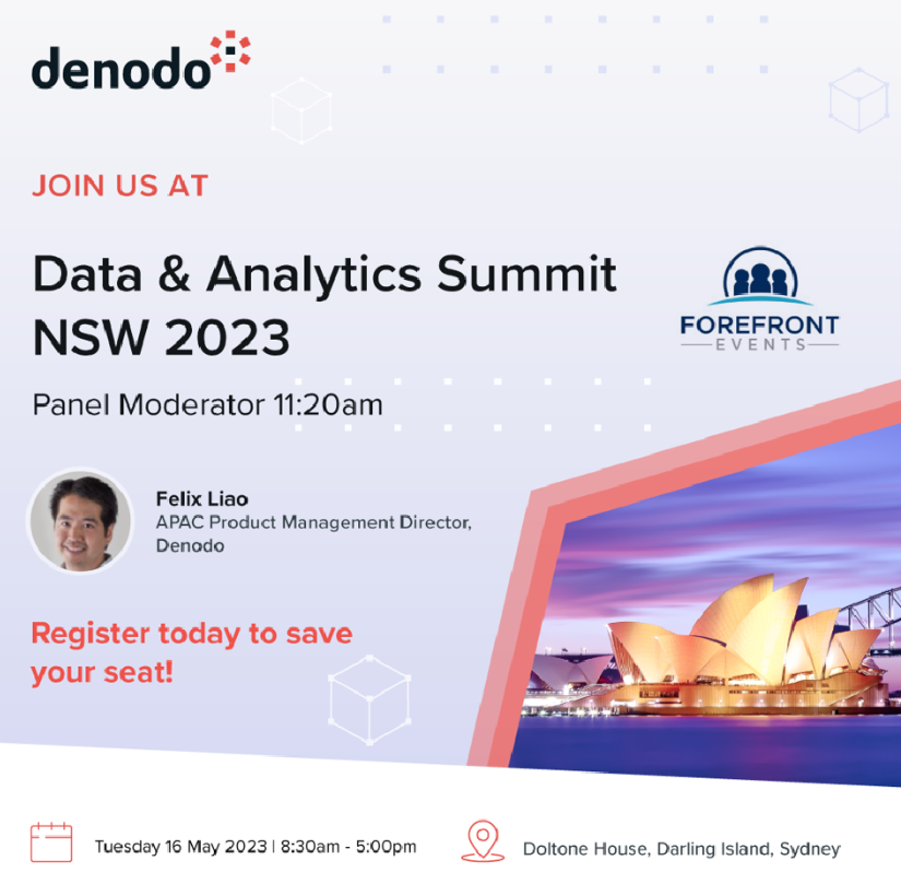 Join us @ForefrontAus #Data & #Analytics Summit #NSW, Tu 16 May @DoltoneHouse?

** Register bit.ly/3oKFybE

Panel discussion:  @FelixLiao, @Westpac, #InvoCare, #HarrisFarmMarkets & @NewsCorp

We are @Denodo @daniel_hatfield @DV_ChrisDay