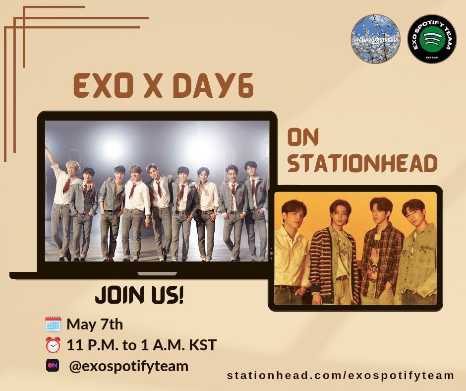 exospotifystats's tweet photo. 📢 EXO-Ls! Let's spend our 7th day of the week with Day 6! Join us and @myday6stream for a #EXOxDAY6 @STATIONHEAD Streaming Party!! 🎉🎉🎉
🗓 Sunday, May 7th
⏰️ 11PM - 1AM KST
▶️ https://t.co/DgTP0MW4Dx
#EXO #엑소 @weareoneEXO
#DAY6 #데이식스 @day6official https://t.co/wH7U81qG3Y