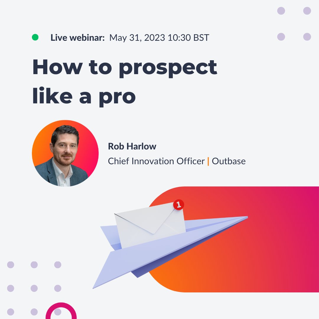 OutbaseHQ's tweet photo. Want to identify and engage your ideal buyers with the power of prospecting?

Join us for our first ever webinar 'How to prospect like a pro' on May 31st hosted by @outbasehq's Chief Innovation Officer Rob Harlow.🚀

Book your spot now: https://t.co/0pzrGsUGxM https://t.co/o8lCXiek9U