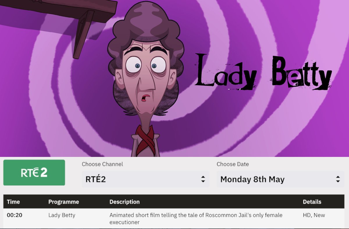 On Monday at 12:20am our @IrishAnimAwards nominated #LadyBetty will broadcast on @RTE2 @Shortscreen #Frameworks @RTE @ScreenIreland #IrishAnimation with @davidpearseone #ColmMeaney, story by @lorraineharton, Script Bobby Moloney, sound by @KeithNoiseMiner, Director @Paul_doodles