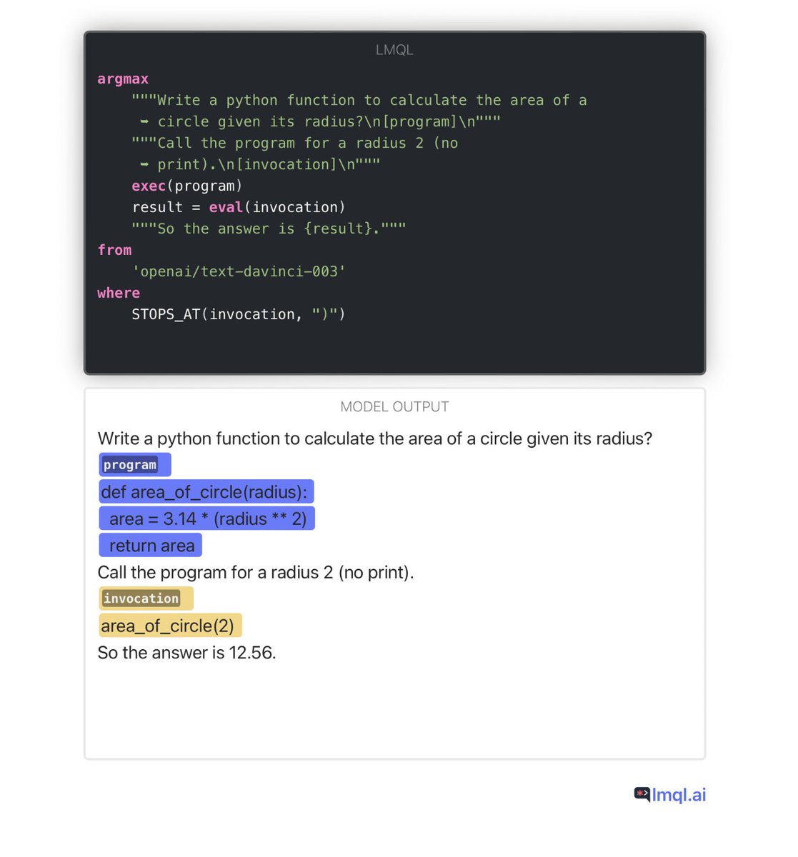 lmqllang's tweet photo. 💻 Hooking up an LLM to a code interpreter? Easy with @lmqllang, and it can help a lot with e.g. arithmetic reasoning.
⚠️Caution though, prompt injection is a real thing.
Run this in our (sandboxed) browser IDE:
https://t.co/q5Y0ZgMXbI
#lmql https://t.co/AxyfNbFRU3