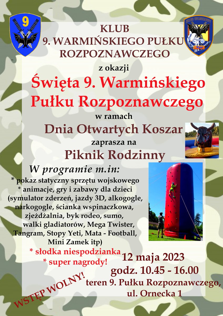 WCR_Lidzbark_W's tweet image. 🆕 ℙ𝕚𝕜𝕟𝕚𝕜 ℝ𝕠𝕕𝕫𝕚𝕟𝕟𝕪 𝕨 #𝟡ℙℝ
👉 W ramach Dnia Otwartych Koszar w Święto #9PR już za tydzień 12 maja zapraszamy na Piknik Rodzinny 🙂
👉 W programie m. in. pokazy sprzętu wojskowego, ścianka wspinaczkowa, czy walki gladiatorów.
ℹ️ Szczegóły na 👇📷