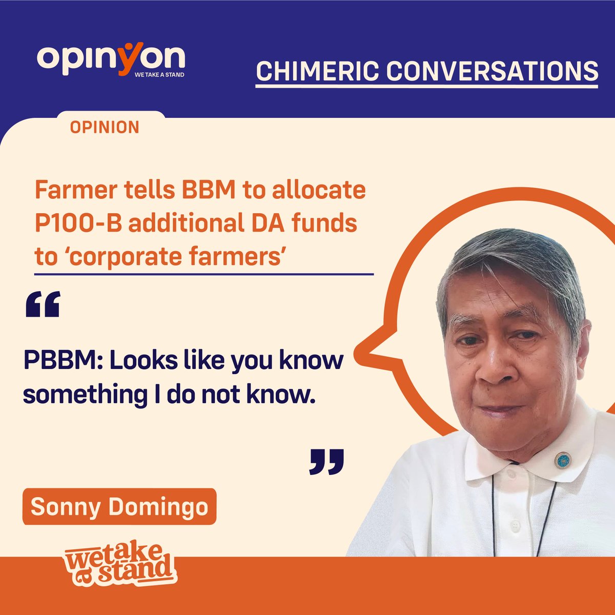 OpinYonNews's tweet photo. Farmer tells BBM to allocate P100-B additional DA funds to ‘corporate farmers’
By Sonny Domingo
Read more
https://t.co/BUQpabaM1e
#Farmer #BBM #100B #DA #Funds #CorporateFarmers #Chimeric #Conversations #ChimericConversations #Column https://t.co/d0qC9j8Dbz