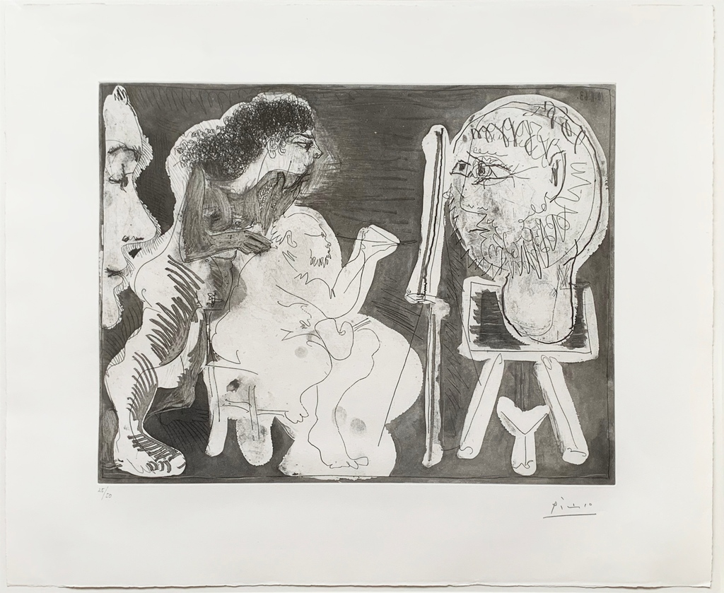 Pablo Picasso
"Peintre avec une Sculpture sur une Sellette, une Femme nue et un Sculpteur" (IIe état Bb)
Grabado al Aguafuerte y Aguatinta
Año: 1967
Dimensiones: 45 x 34,5 cm
Tirada de 50 ejemplares
F/N a mano
Bl.1125. B.1120

bit.ly/3ABWiUY