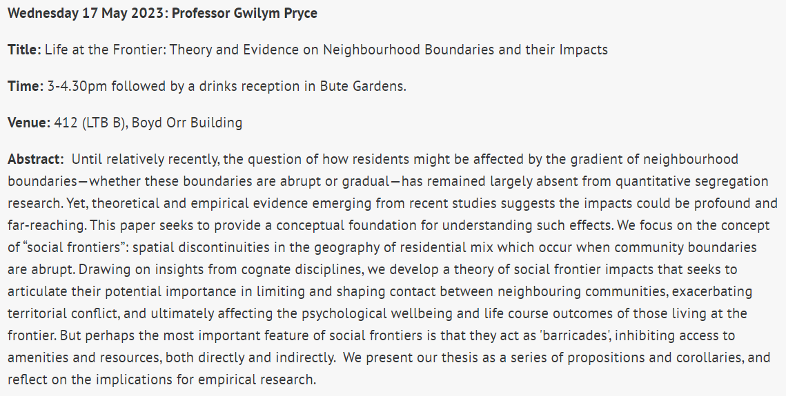 Gwilym Pryce (@gwilympryce1) on Twitter photo Excited to be presenting in my old department <a href="/UofGUrbStudies/">Urban Studies & Social Policy</a> on 17th May 3pm: "Life at the Frontier: Theory and Evidence on Neighbourhood Boundaries and their Impacts" -- do join us if you can make it.
gla.ac.uk/schools/social…
<a href="/FrontiersSocial/">SocialFrontiers</a> <a href="/spatial_network/">Sheffield Spatial Analysis Network</a> <a href="/SoLivelyWrite/">@JulieClark@mastodon.pirateparty.be</a> Excited to be presenting in my old department <a href="/UofGUrbStudies/">Urban Studies & Social Policy</a> on 17th May 3pm: "Life at the Frontier: Theory and Evidence on Neighbourhood Boundaries and their Impacts" -- do join us if you can make it.
gla.ac.uk/schools/social…
<a href="/FrontiersSocial/">SocialFrontiers</a> <a href="/spatial_network/">Sheffield Spatial Analysis Network</a> <a href="/SoLivelyWrite/">@JulieClark@mastodon.pirateparty.be</a>