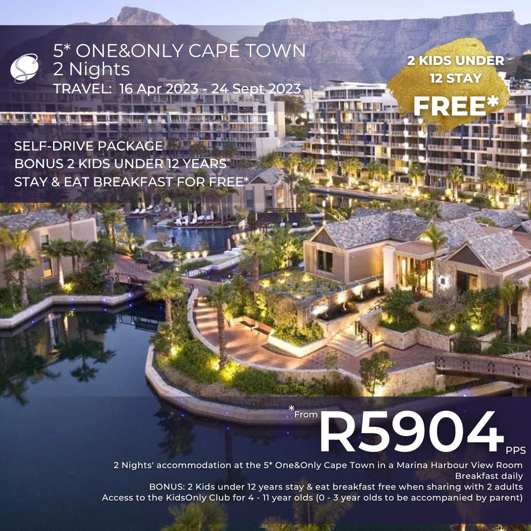Create unforgettable family memories with One&Only Cape Town Self-Drive package, where kids under 12 stay and eat breakfast for free starting from only R5904 pps. Book now and explore the beauty of Cape Town with your loved ones! #SignatureTravel 

Ts&Cs apply. Book by 31 May '23