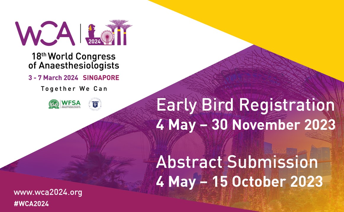 Abstract Submissions are Now Open &gt; lnkd.in/eB-KiVxx
Register Now and Save with Early Bird Rates &gt;&gt; lnkd.in/eeKayiWm
See you in Singapore at the 18th WFSA World Congress of Anaesthesiologists #WCA2024
 #abstractsubmission #anaesthesiology 
<a href="/wfsaorg/">WFSA</a> <a href="/SGSocAnaes/">Singapore Society of Anaesthesiologists</a>