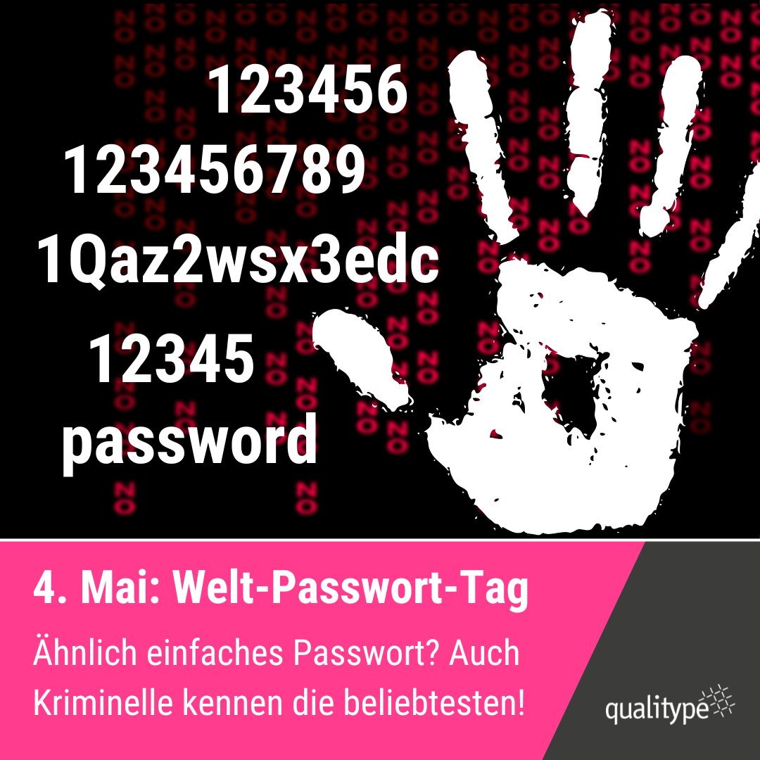Heute ist der Welt-Passwort-Tag. Denn: gute Passwörter sind für den Schutz unserer Daten essentiell. Und obwohl uns allen dies bewusst ist, sind die aufgeführten fünf meist genutzten Passwörter in Deutschland keine Barriere für Kriminelle... Besser jetzt anpassen.