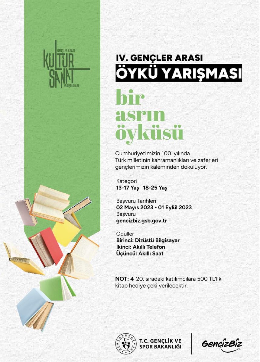 📣Haydi Gençler.. 
📜IV. Gençler Arası Öykü Yarışması
🇹🇷 Cumhuriyetimizin 100. yılında Türk milletinin kahramanlıkları ve zaferleri gençlerimizin kaleminden dökülüyor.
📝Başvuru için gencizbiz.gsb.gov.tr