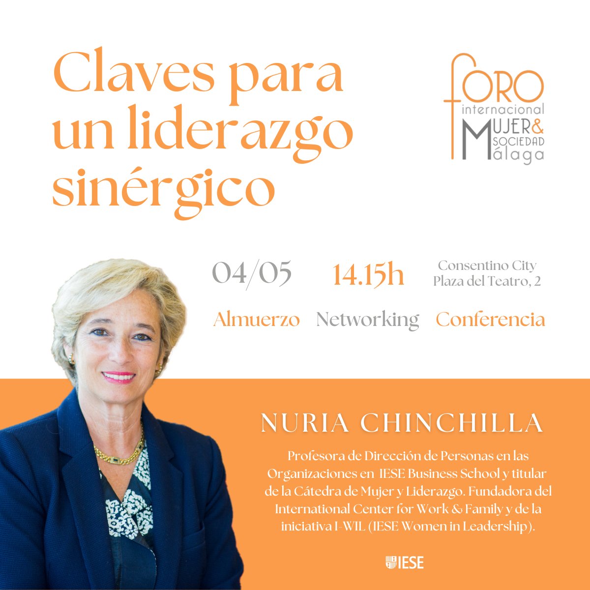 foroMSMalaga's tweet photo. 🔜Hoy en el @foroMSMalaga

🗣️@NuriaChinchilla, profesora del @iesebschool hablará sobre su nuevo libro: "De la mano de las mejores - Claves para un #LiderazgoSinérgico". @EUNSAediciones

📍En Cosentino City Málaga - @GrupoCosentino

¡Te esperamos! https://t.co/1eZsKDRo3q