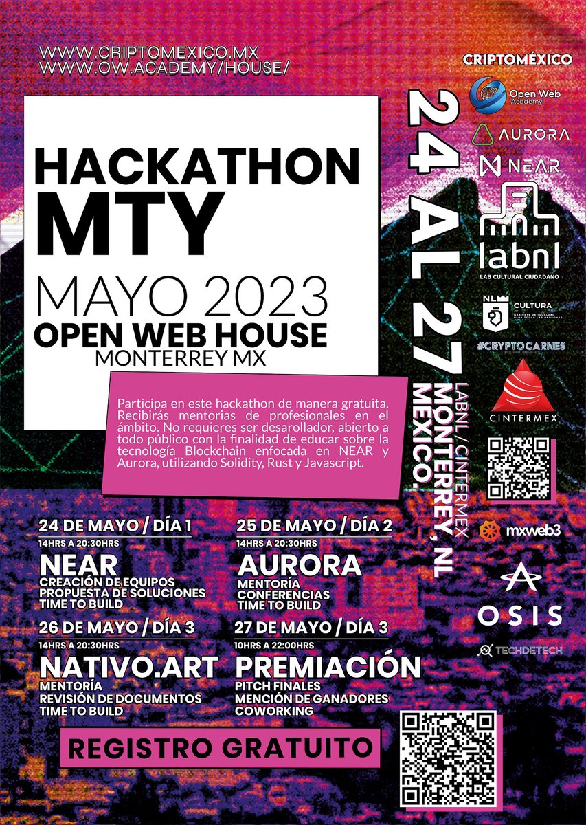 Los invitamos a #CriptoMéxico del 24 al 26 de Mayo en <a href="/labnuevoleon/">LABNL Lab Cultural Ciudadano</a> con el hackaton de Open Web House, y el 27 de Mayo en <a href="/cintermexmty/">Cintermex</a>  con mas de 30 Expertos, Artistas y Developers. Registro Gratuito.
criptomexico.mx