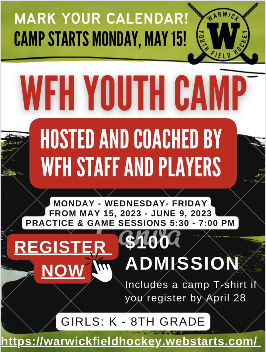 Warwick Youth FH Camp  Registration is still accepting registrations for girls K-8th grade!Mondays, Weds, Fridays from May 15 to June 9, 2023, 5:30 - 7:00 pm at Warwick High School Turfs
Link to Register:  forms.gle/w2fZsJWWS2Gwuq… 
Link to Camp website:  warwickfieldhockey.webstarts.com