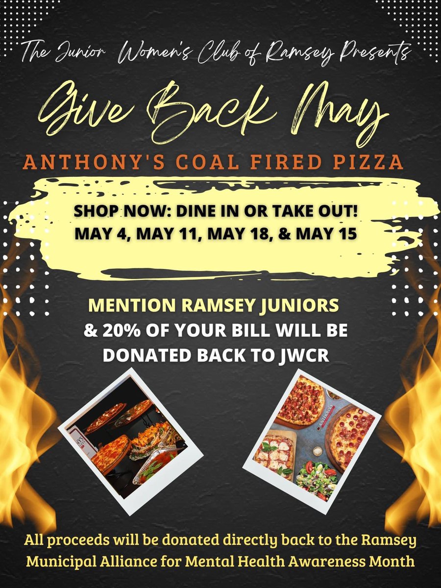 RamseyAlliance's tweet photo. It’s Mental Health Awareness Month, and  Ramsey Juniors has teamed up with Anthony's Coal Fired Pizza &amp; Wings to give back to our community. 💜 

🍽️ Dine in or take out from Anthony’s Coal Fired Pizza, mention Ramsey Juniors and 20% of your bill will be donated towards the RMA! https://t.co/8QYtqN7ndd