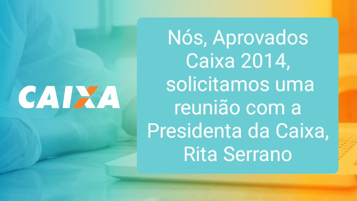 Juliana91822852's tweet photo. Nós @AprovadosCEF14 solicitamos apoio dos parlamentares para conseguirmos uma reunião com @ritaserranoofc #ConvocaCaixa2014

@LulaOficial @wdiaspi @erikakokay @edweck_rj @simonetebetbr @Haddad_Fernando @depzeneto1323 @depjorgesolla @padilhando @fenaefederacao @Contraf_CUT
@gleisi https://t.co/ni8nY2Dm3D