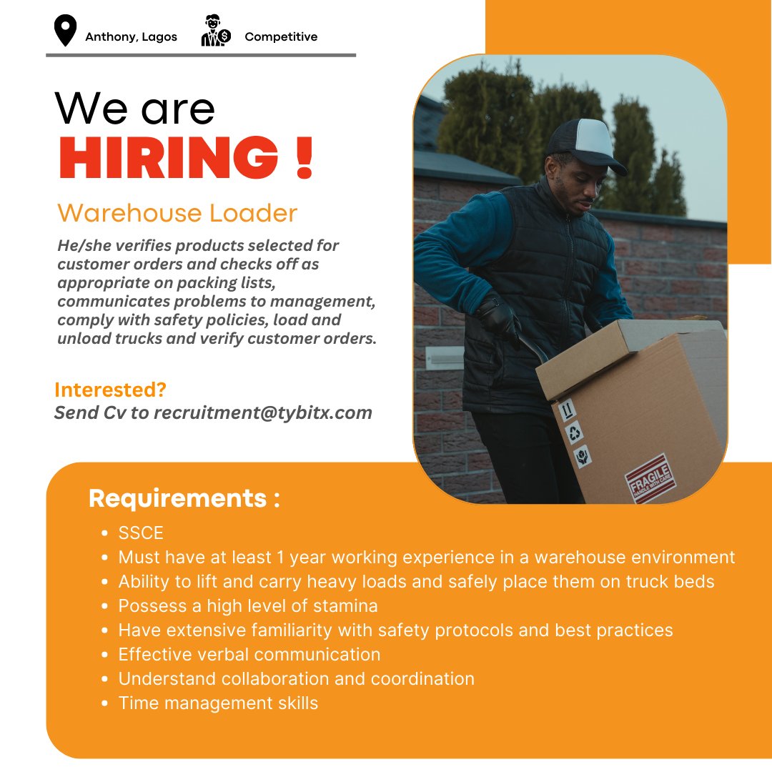 Tybitx_Services's tweet photo. Hiring! Warehouse Loader requiredπ
Interested? Send an email to recruitment@tybitx.com.
...
#tybitx #hr #hrservices #recruitment #recruiting #resumebuilder #jobboard #hiring #jobseekers #career #careersites #hrnigeria #jobsearching #careerdevelopment #careergoals #WarehouseJobs https://t.co/p7Uhlkja1l