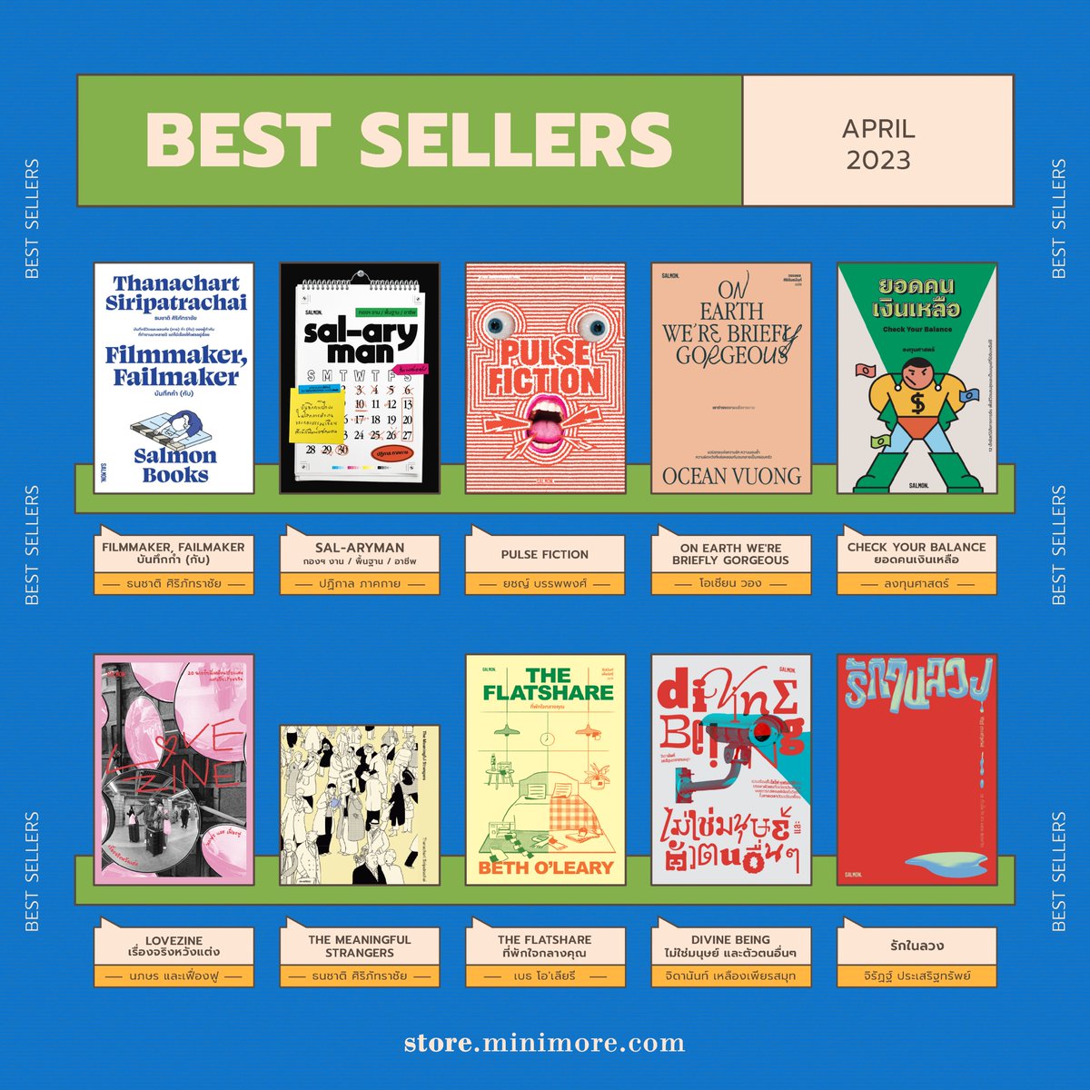 storeminimore's tweet photo. BEST SELLER OF MINIMORE STORE
จัดอันดับ10หนังสือดีประจำร้าน Minimore store เดือนเมษายน จะมีเล่มไหนบ้าง มาดูกันเลย
.
สนใจเล่มไหน ทดลองอ่านและสั่งซื้อหนังสือที่ได้ที่ https://t.co/TuY20cwfdy
.
#minimorestore #Top10minimorestore #bunbooks #salmonbooks #banluebooks https://t.co/qwQ2ffvksZ