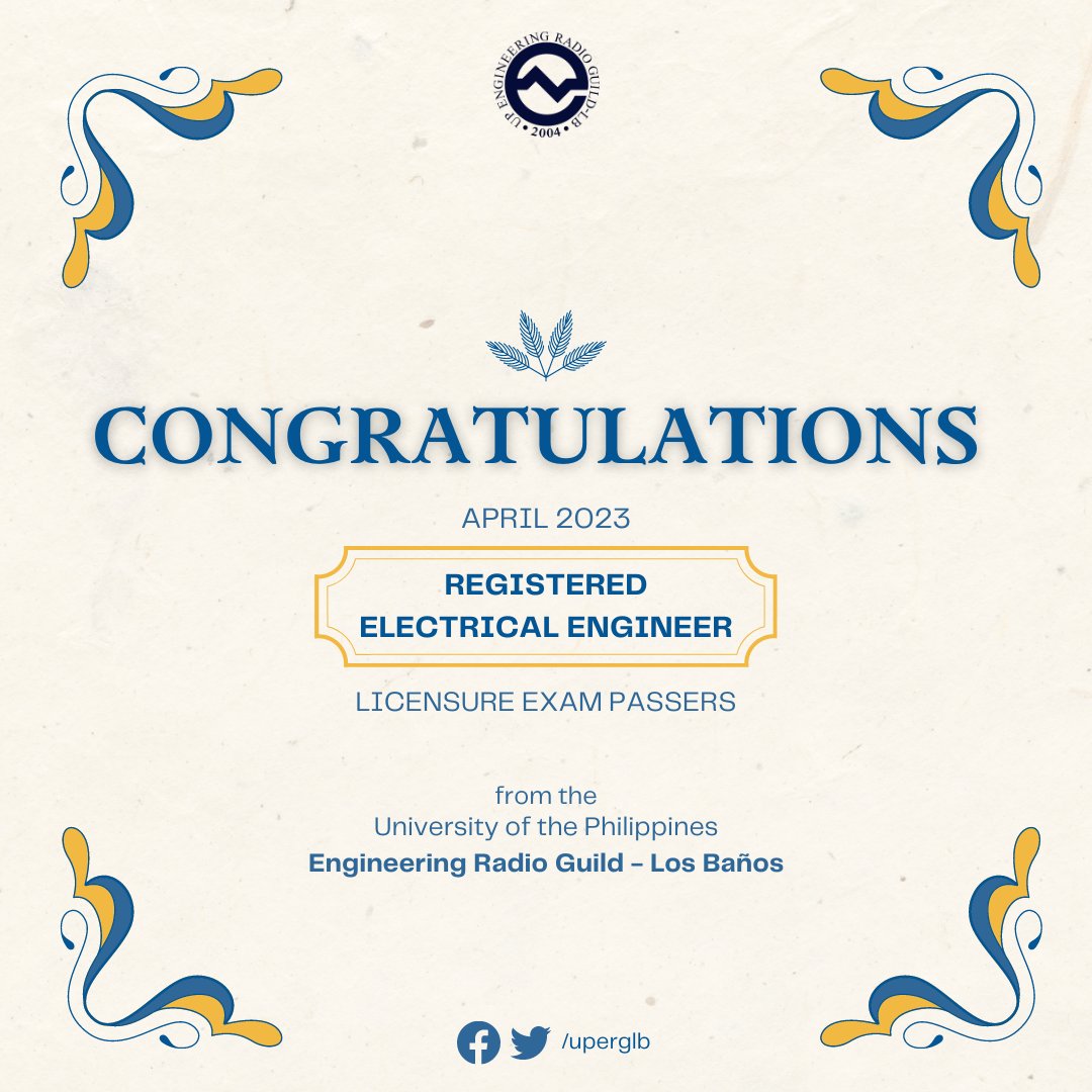 uperglb's tweet photo. The UP Engineering Radio Guild - Los Baños extends our warmest congratulations to our fellow brods and sis who passed the April 2023 Registered Electrical Engineer Licensure Exam! 🙌 Your hard work and dedication have finally paid off.  💪 https://t.co/czm7sXXsdd