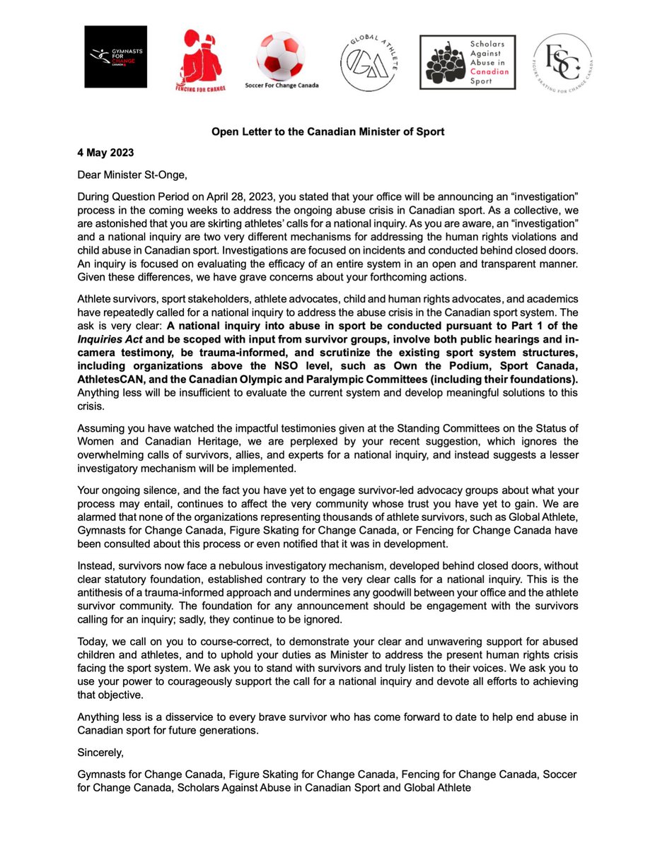 GlobalAthleteHQ's tweet photo. Athlete groups call on the Canadian Minister of Sport @PascaleStOnge_ to support the calls for a national judicial inquiry. 1/2

Read the open letter below or via https://t.co/BJEDQrHOhs https://t.co/4Cjec8RFC9